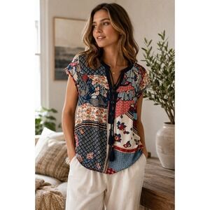 DR2 Patchwork Print Peasant‎ Blouse Women Medium Boho Tassel Tie Short Sleeve